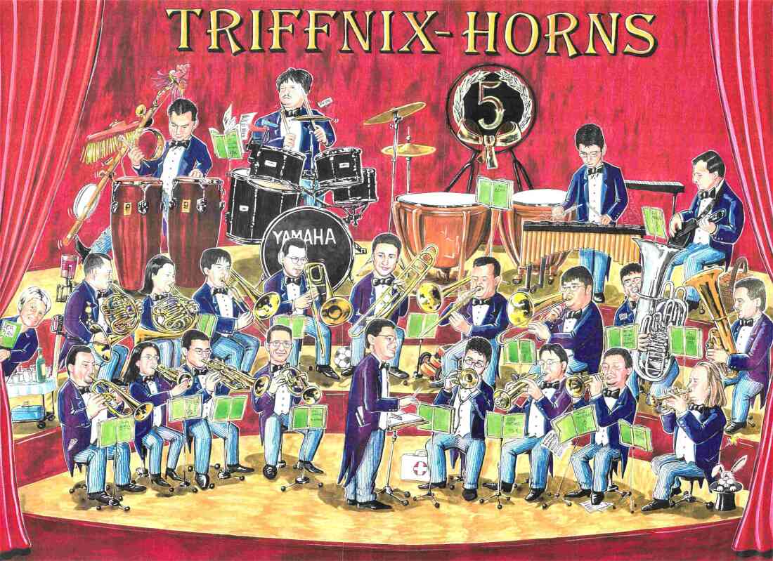 Triffnix-Horns, das etwas andere „BLECH-world-music-cross-over-BLÄSER-nicht-oberkrainer-ENSEMBLE“ - Karikatur von Josef Krizanits