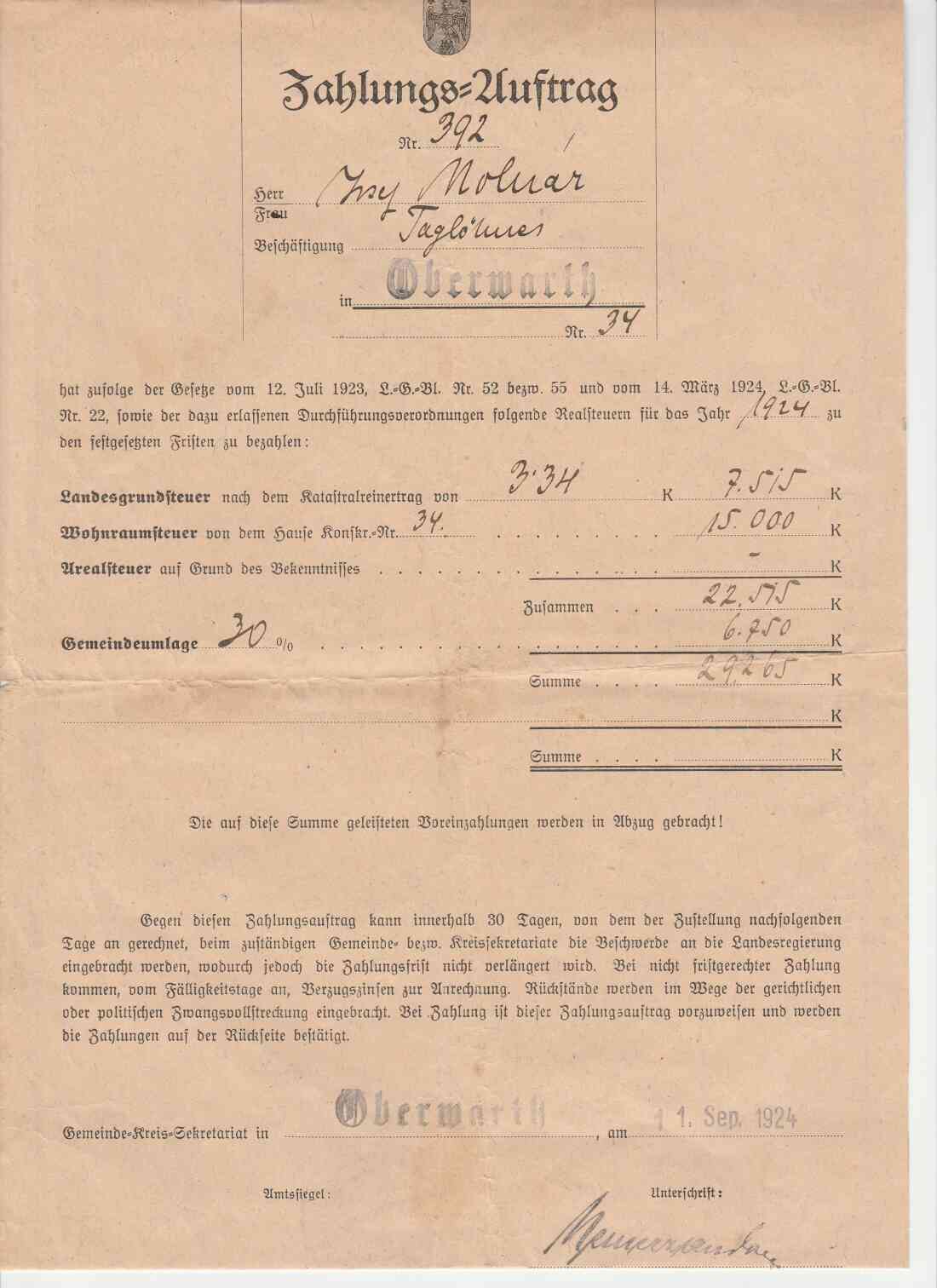 Zahlungsauftrag bzgl. Landesgrundsteuer, Wohnraumsteuer, Arealsteuer und Gemeindeumlage an Hrn. Josef Molnar Oberwart Nr. 34 (Platanengasse 5)