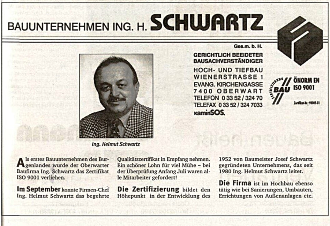 Inserat der Baufirma Helmut Schwartz in der BF vom 2. Dezember 1998