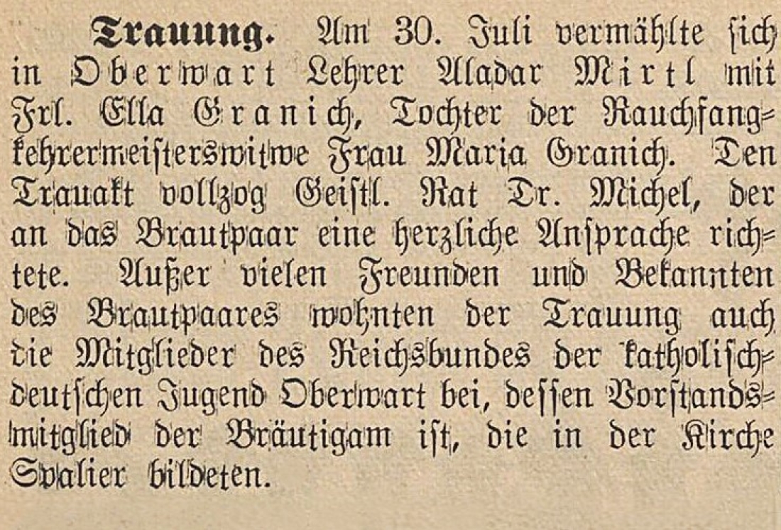 Kurzer Bericht in der Oberwarther Sonntags = Zeitung über die Trauung von Aladar Mirtl und Ella Granich am 30. Juli 1936