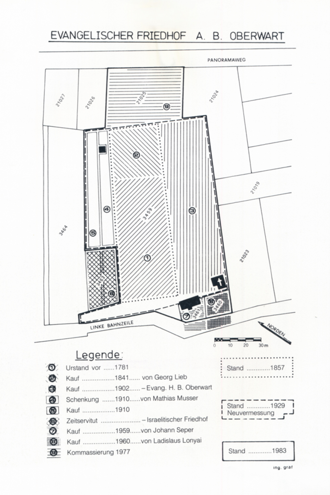 Evang. Pfarre AB: informativer Plan des Friedhofs von 1781 - 1983