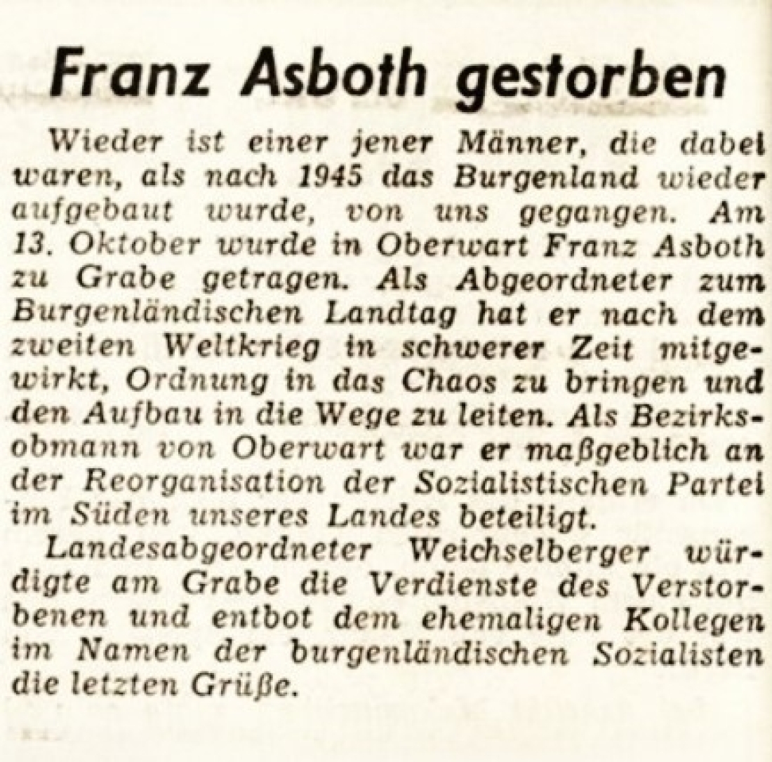 Kurzer Bericht zum Ableben von Franz Asboth (*1902/+1967) in der BF vom 20. Dezember 1967