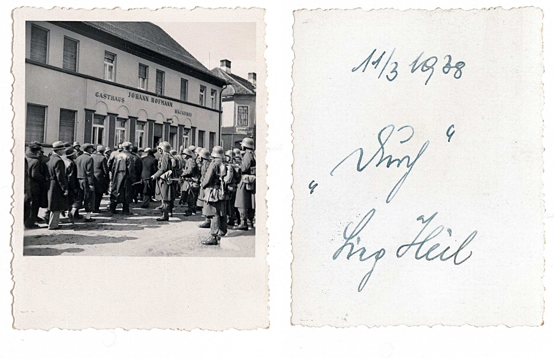 11. März 1938: Anmarsch zur Kundgebung der Nazionalsozialisten (NAZIS) mit 11.000 Teilnehmern vor der Bäckerei Hofmann mit Soldaten des Bundesheeres