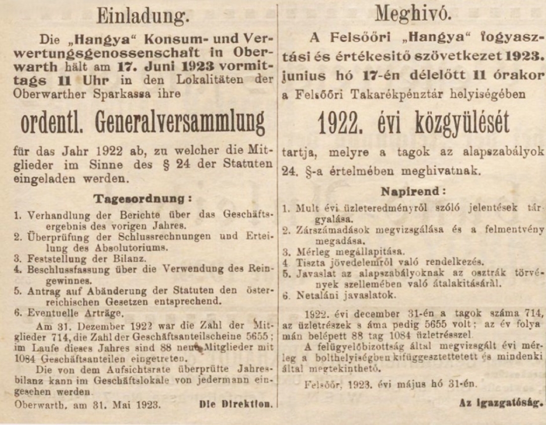 Einladung zur Ordentl. Generalversammlung der "Haqngya" Konsum- und Verwertungsgenossenschaft am 17. Juni 1923 (Oberwarther Sonntags = Zeitung 3. Juni 1923)