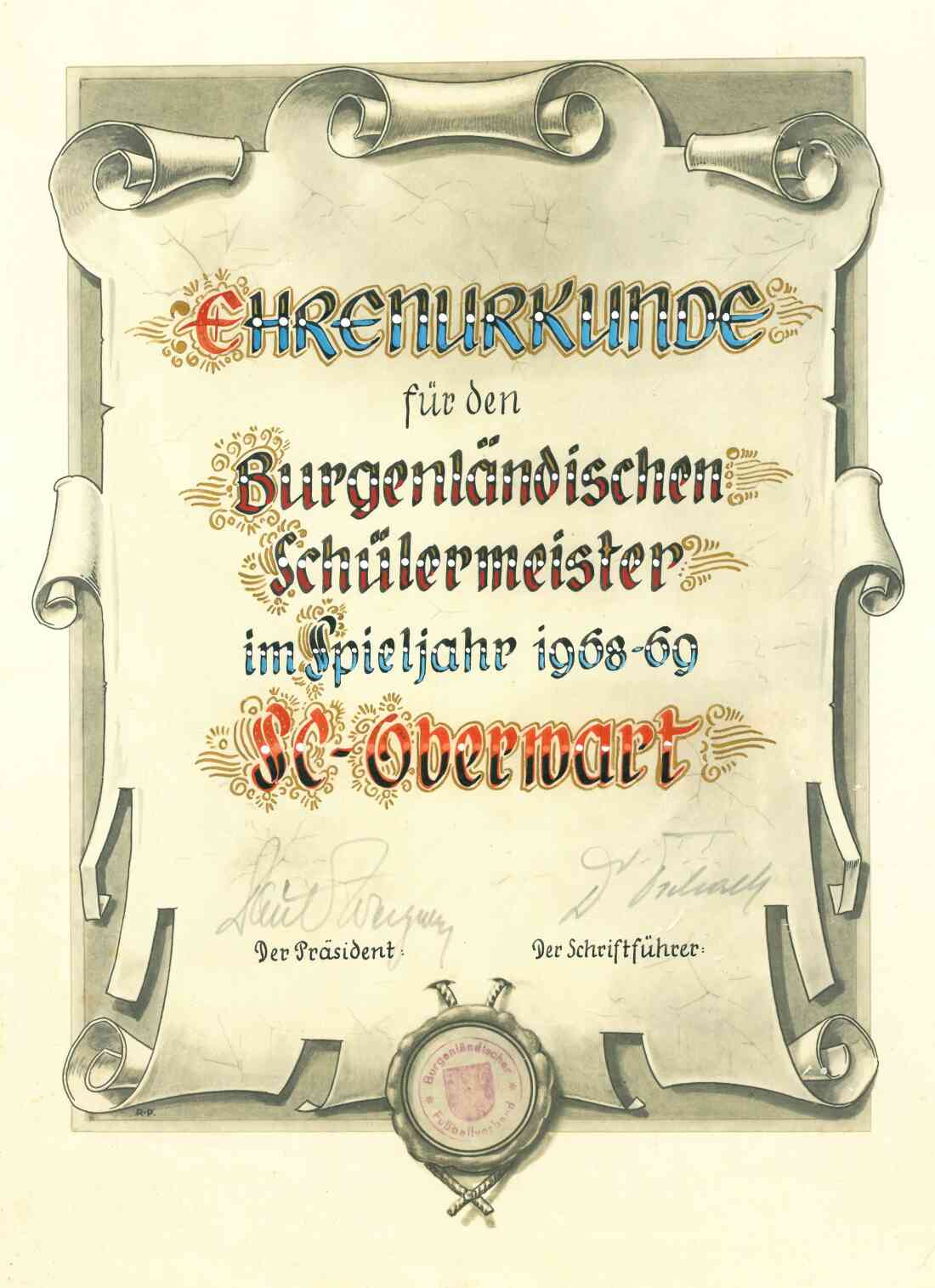 Fußball - SC Oberwart: Schülerlandesmeister 1968/1969 - Urkunde