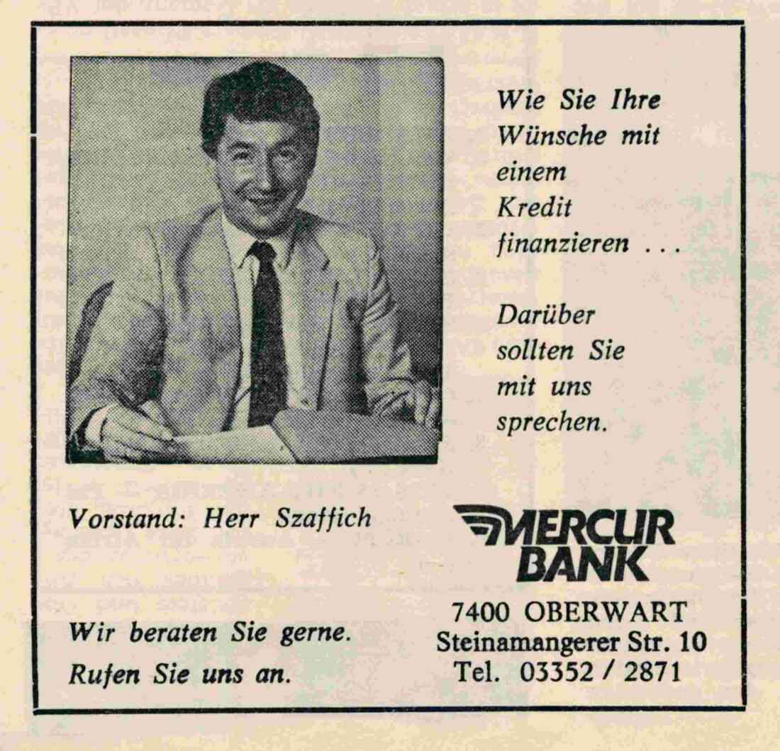 Inserat der Mercur-Bank 1975 mit Vorstand Szaffich