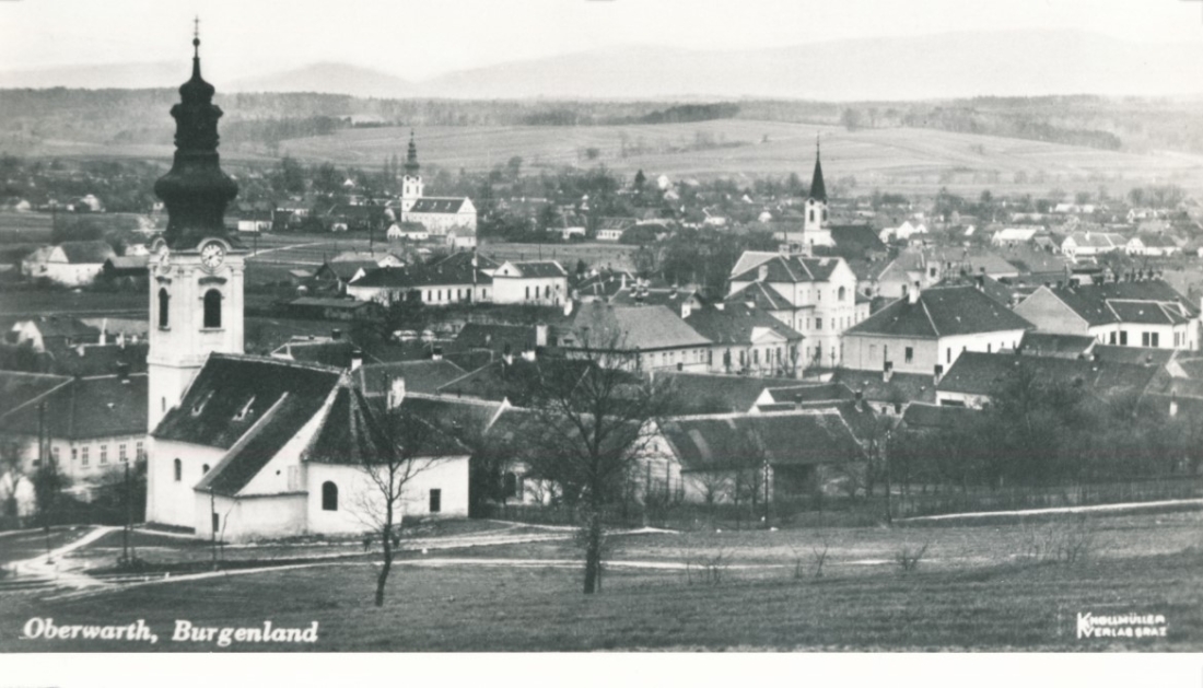 Ansichtskarte: Oberwarth, Burgenland - mit Blick auf die Synagoge und die drei Kirchen