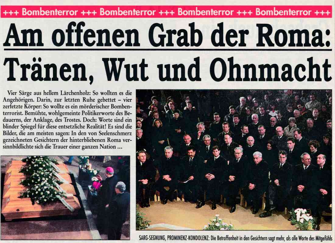 Zeitungsbericht anlässlich des Romaattentats - Racz/Löschnak/Sarközi/Jellasitz/Busek/Dax/Fischer/Stix/Klestil