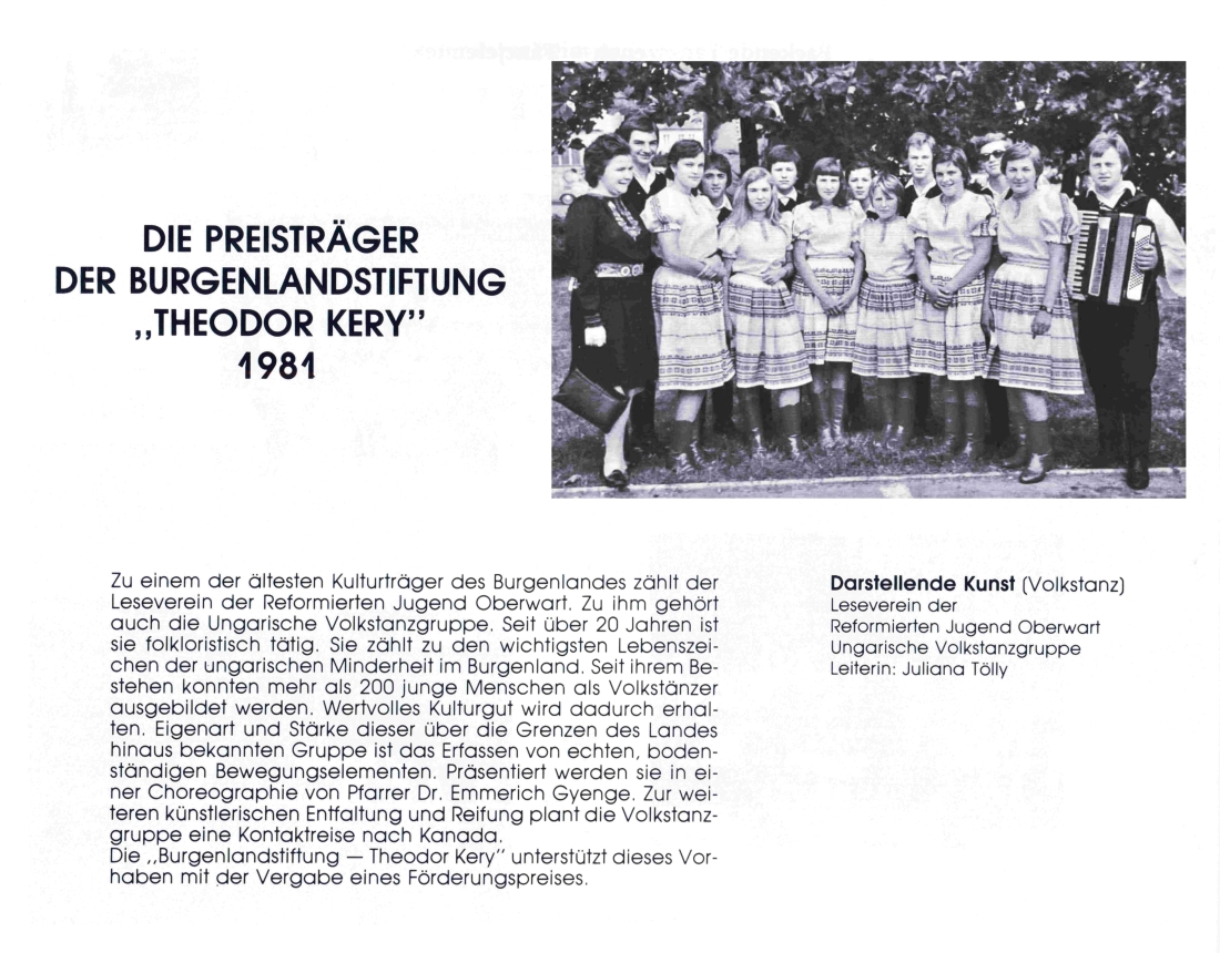 Leseverein der Reformierten Jugend - Ungarische Volkstanzgruppe: Förderungspreis durch die "Kery-Stiftung"