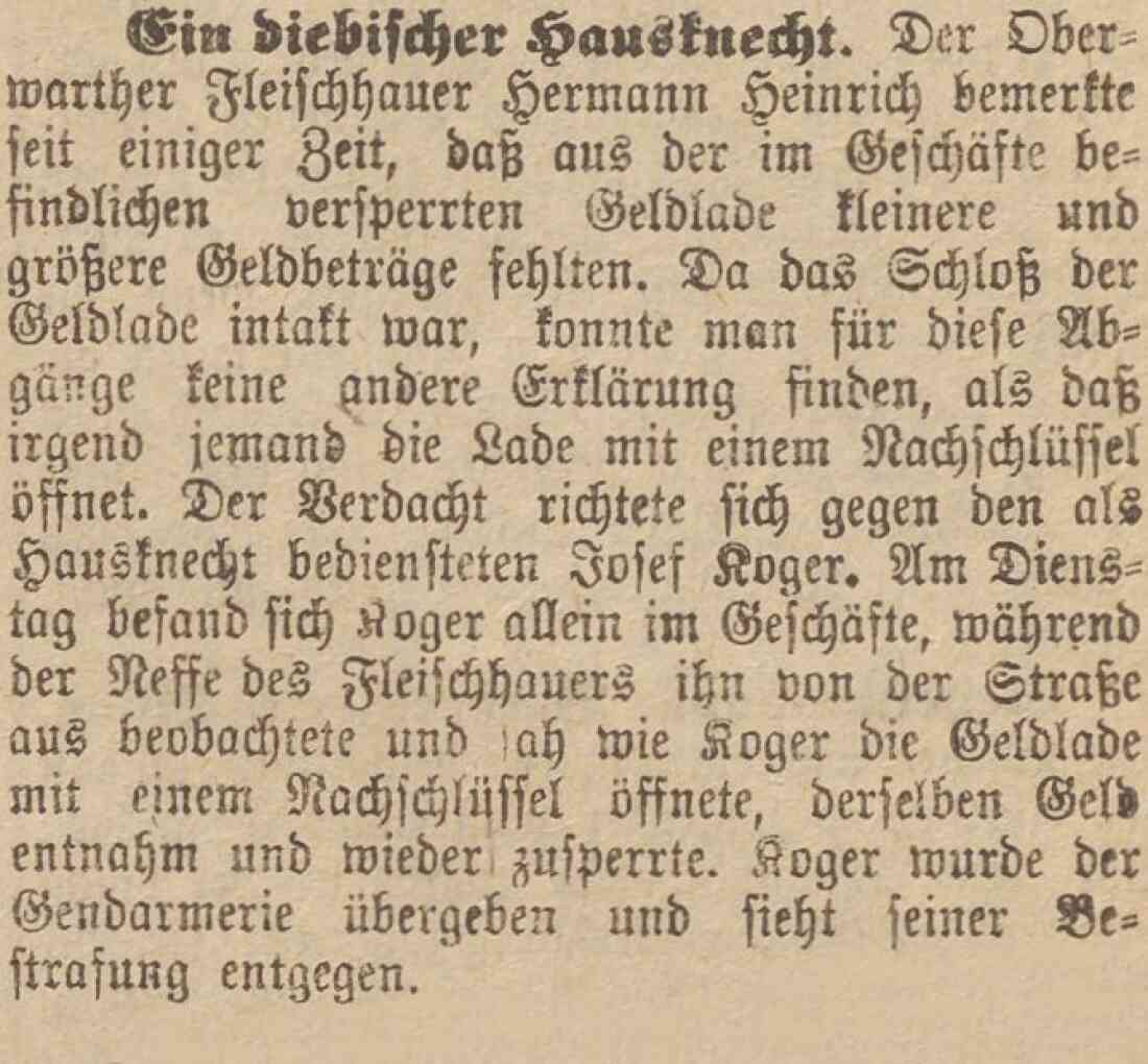 Oberwarther - Sonntagszeitung: "Ein diebischer Hausknecht" in der Fleischerei Heinrich Hermann (OW 145b / Hauptplatz 10)