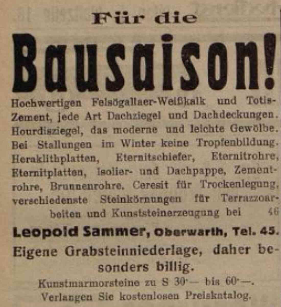 Inserat der Fa. Leopold Sammer (später Samer) - Baustoffe, Dachdeckerei und Grabsteinniederlage (Steinamangererstraße 22) am 7. Mai 1933 in der Oberwarther Sonntags-Zeitung