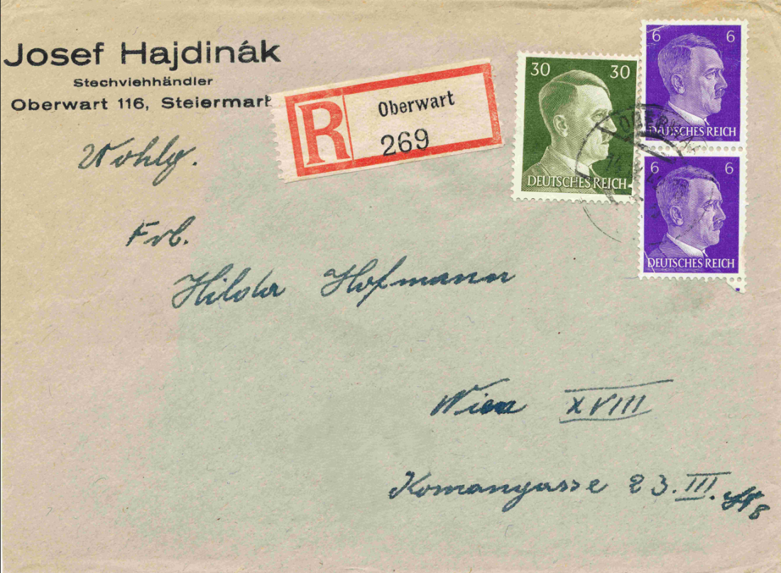 Briefkuvert aus dem Jahr 1942 (Deut. Reich - Hitlerzeit) an Frau Hilda Hofmann in Wien von Stechviehhändler Josef Hajdinak (*1899/+1953) - OW 116 / Am Telek 2a