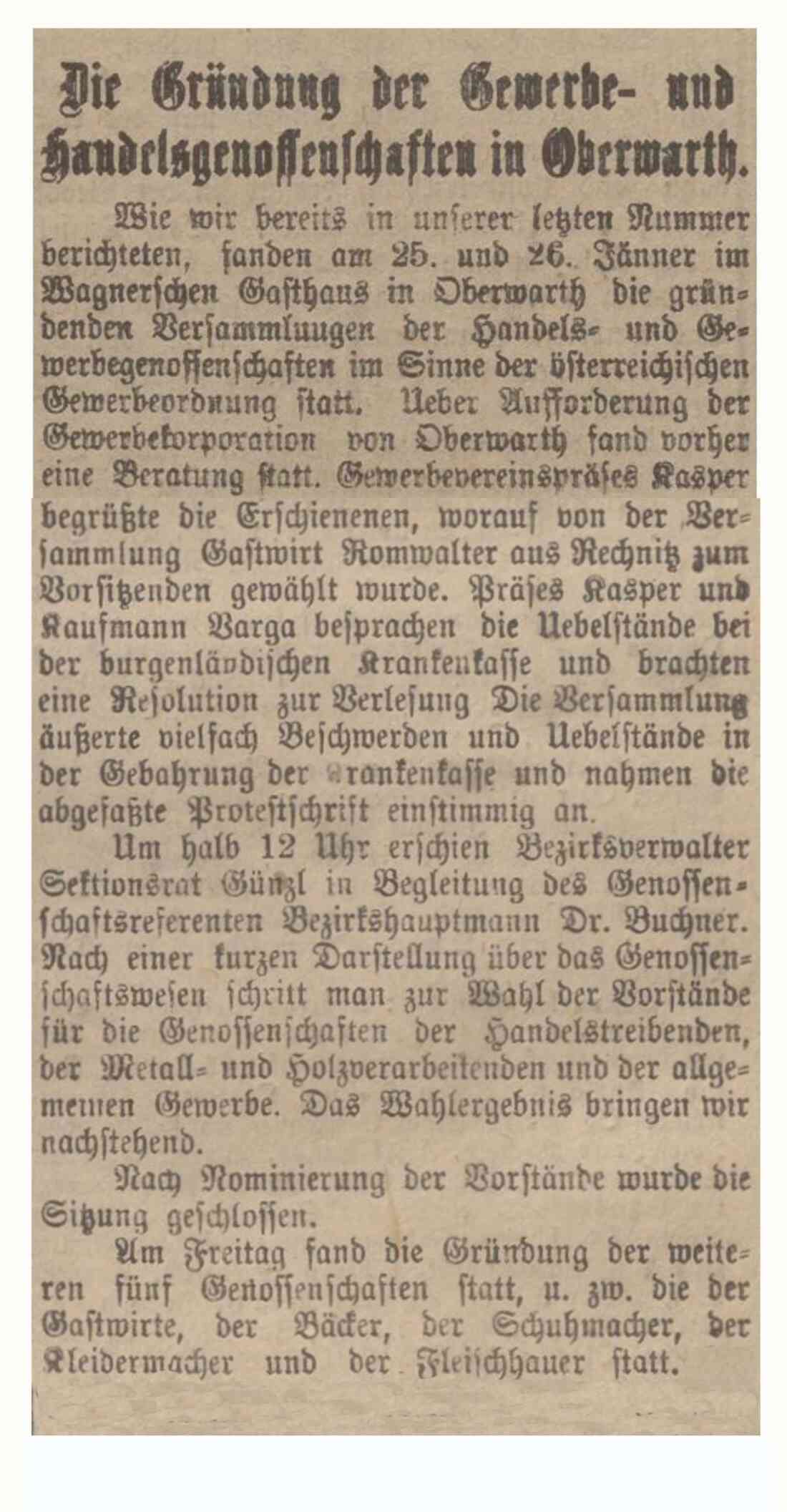 Ausführlicher Artikel in der Oberwarther - Sonntagszeitung vom 4. Feber 1923: Die Gründung der Gewerbe- und Handelsgenossenschaften in Oberwarth
