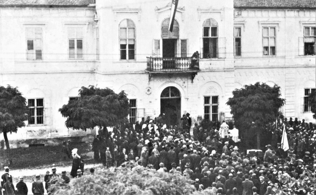 "Freischärlerstaat" Leithabanat (Lajtabánság ung. oder Leitha-Banschaft): Feldmesse vor dem Gerichtsgebäude