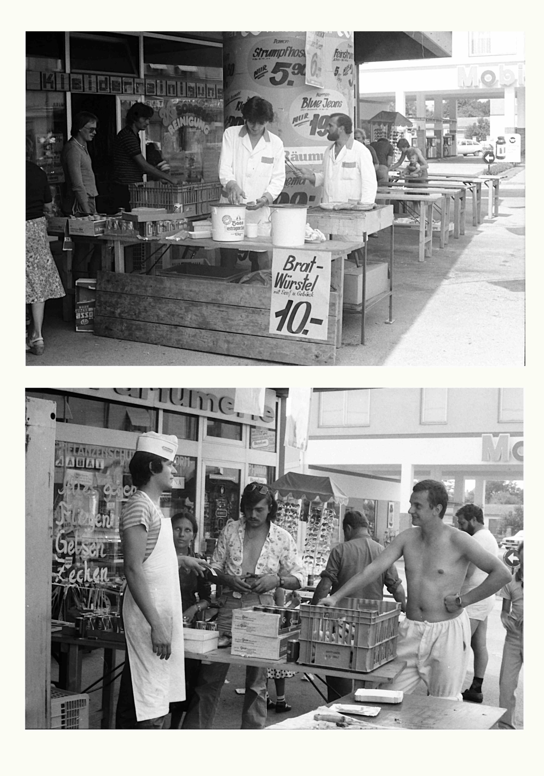 KGM/Konsum/COOP (Wienerstraße 13): Würstel- und Grillhendl-Stand vor dem Geschäftslokal (Maurer/Hodits/Wiesler/Berger/Wolfbeisz)