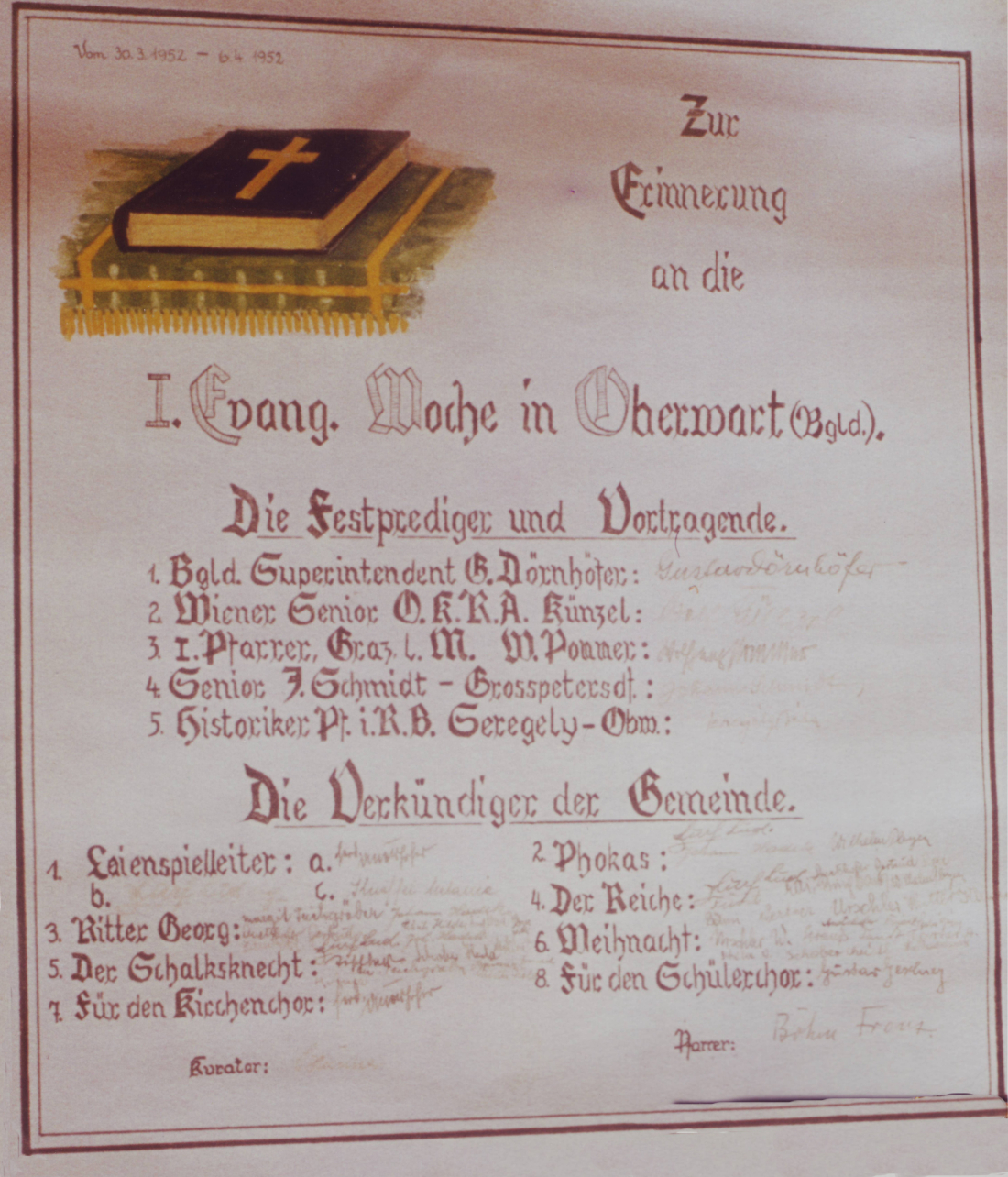Erinnerungstafel an die erste Evang. Woche der evang. Pfarrgemeinde AB im Jahre 1952