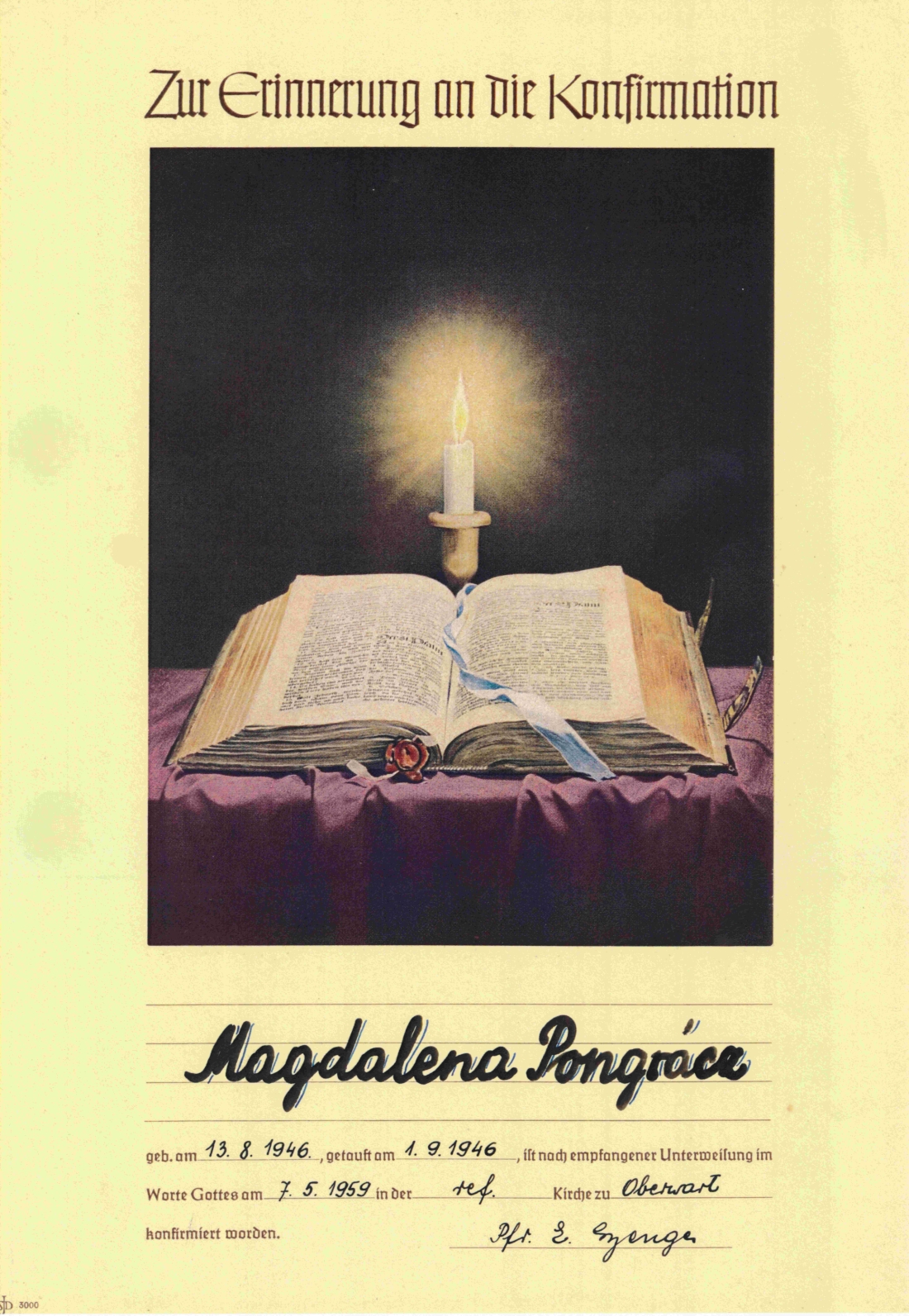 Reformierte Pfarrgemeinde: Erinnerungsblatt an die Konfirmation von Magdalena Pongracz