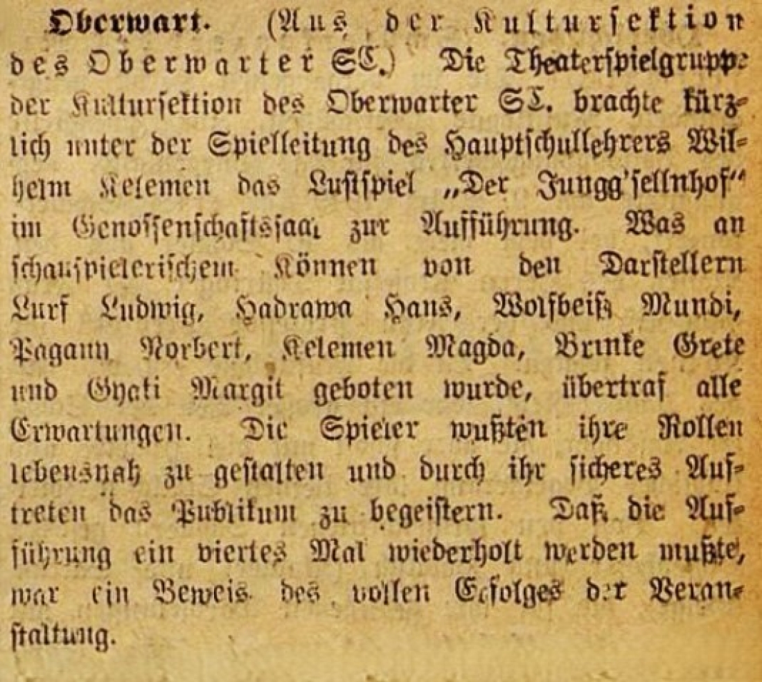 Artikel in der Oberwarter Zeitung vom 20. März 1949 zur Aufführung der Kultursektion des SCO: "Der Junggesellenhof"