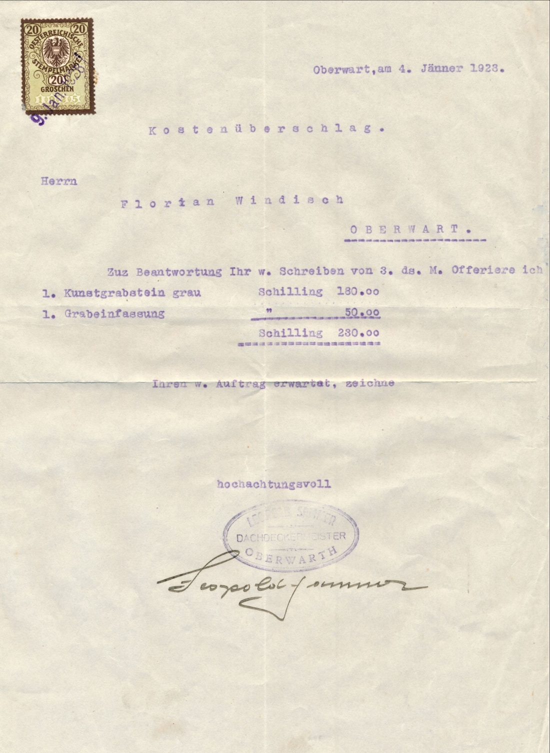 Kostenüberschlag (heute Kostenvoranschlag) der Fa. Leopold Sammer (später Samer)