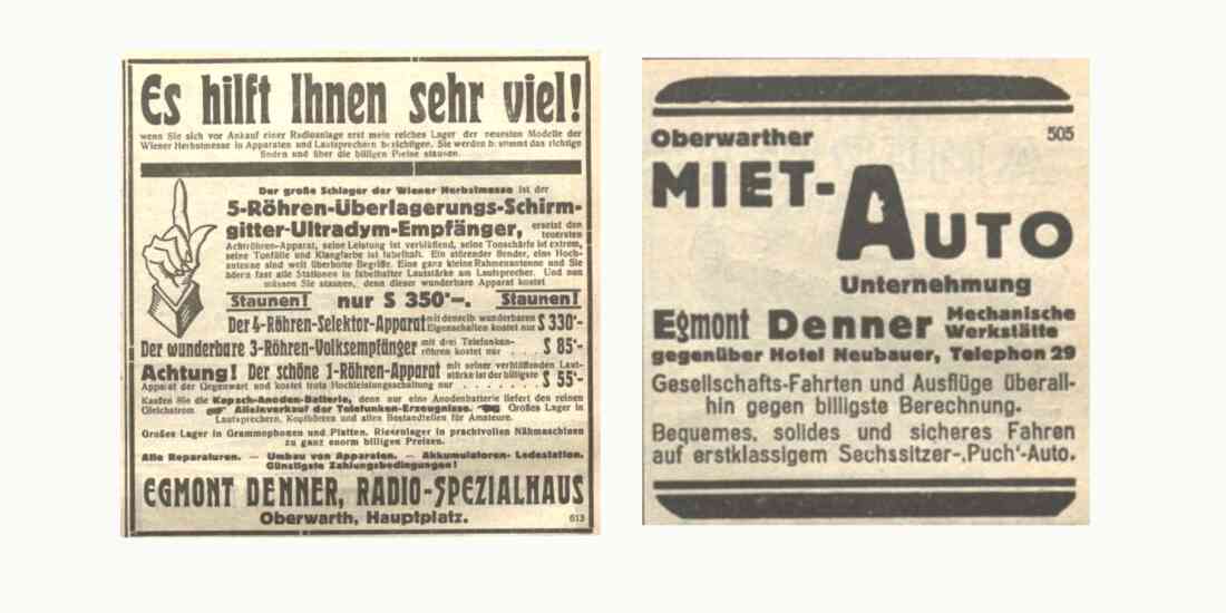 Annoncen von Egmont Denner in der Oberwarther Sonntags = Zeitung vom Sommer 1928 - Bericht über seine Inhaftierung