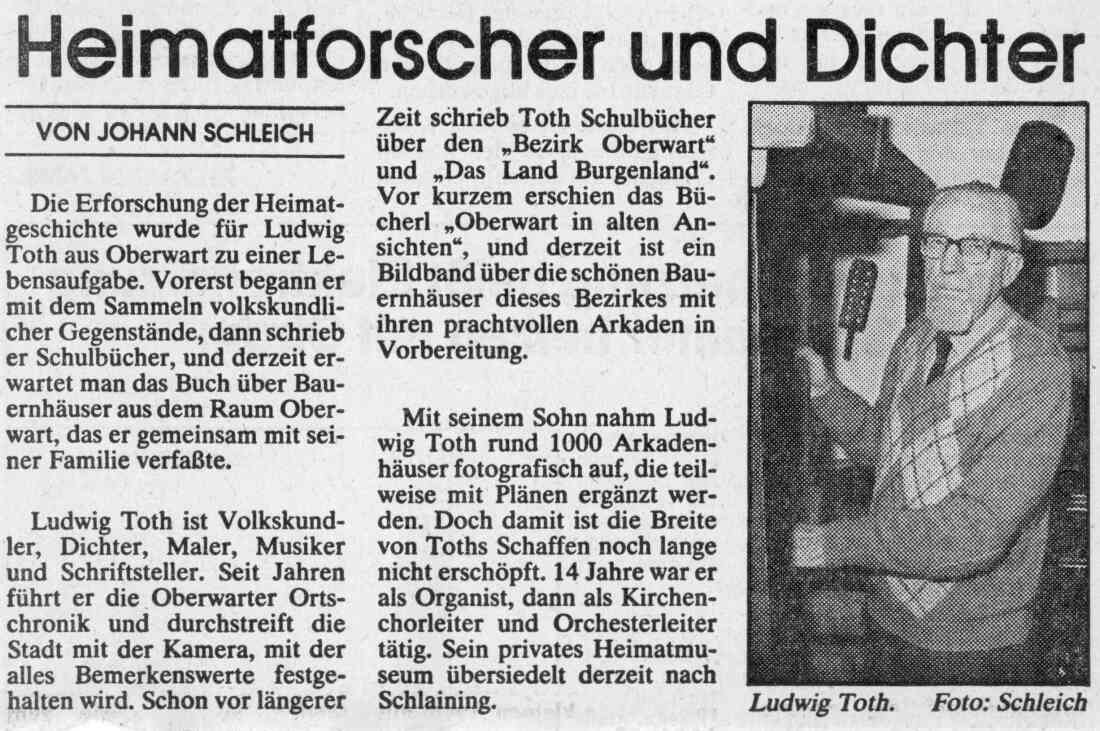 Artikel über den Heimatforscher und Dichter VS-Dir. Ludwig Josef Toth (*1911/+1985)