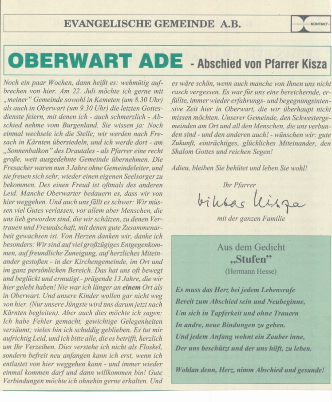 Evang. Pfarrgemeinde AB: Abschied von Pfarrer Viktor Kisza in der Ökumenischen Kirchenzeitung "Kontakt"