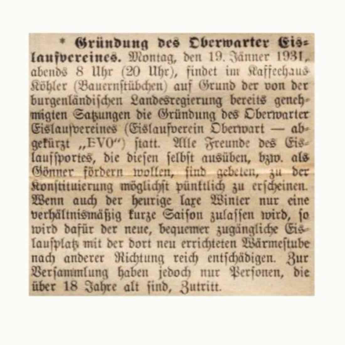 Artikel in der Oberwarther Sonntags-Zeitung vom 18. Jänner 1931 zur Gründung des Oberwarter Eislaufvereins