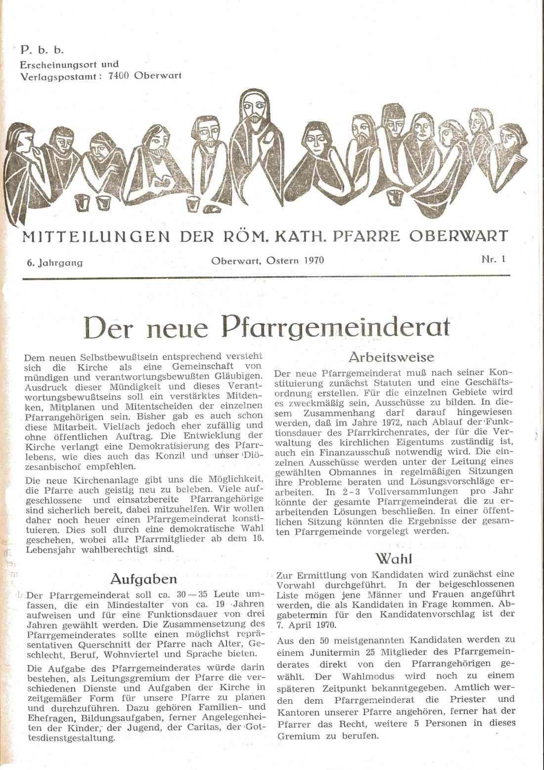 Kirchenzeitung der röm. kath. Pfarre: Die neue Institution des Pfarrgemeinderats / Ostern 1970