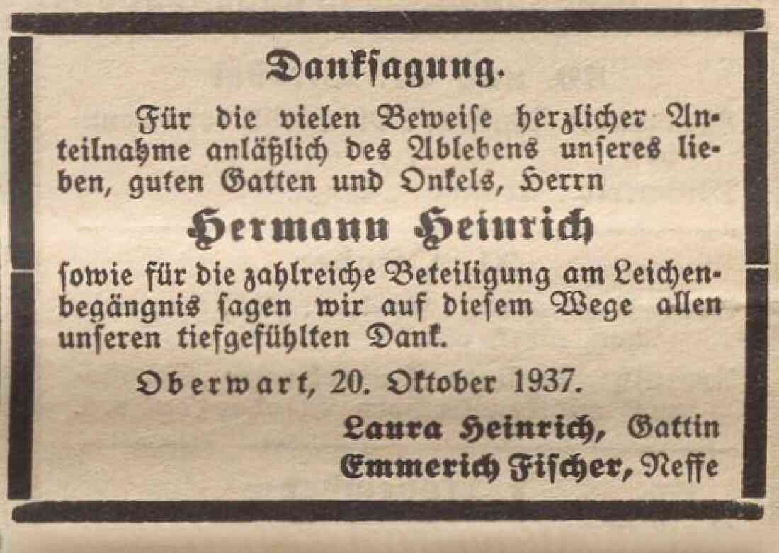 Am 31. Oktober 1937 erschien folgende Danksagung anlässlich des Todes von Meszaros (Fleischhauer) Heinrich Hermann (*1859/+1937), Mitglied der jüdischen Gemeinde