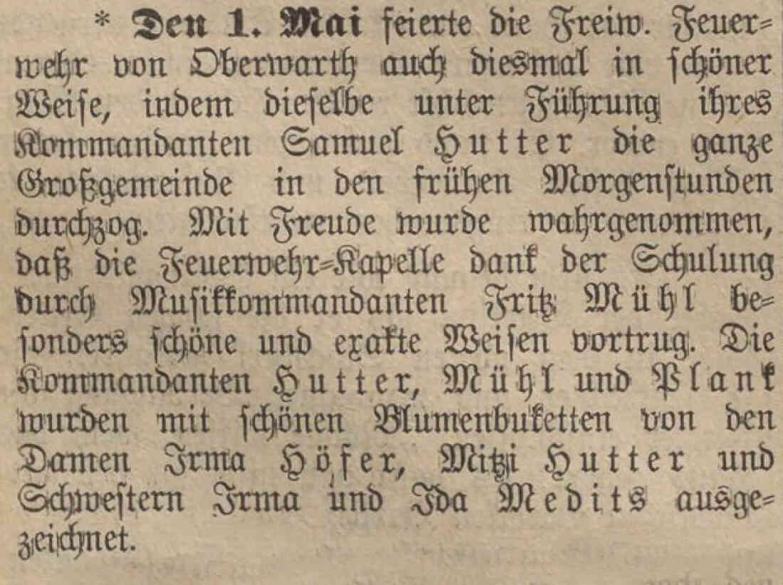 Oberwarther = Sonntagszeitung vom 10. Mai 1931: Kurzbericht über den Marsch der Feuerwehr mit ihrer Kapelle zum 1. Mai