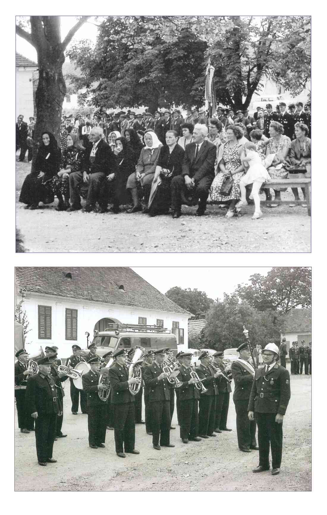 St. Martin: Weihe des neuen Kriegerdenkmals im Jahr 1962 - Gäste und die Ortskapelle Unterrohr warten auf den Beginn der Festveranstaltung (Javorits/Guger/Halper/Bernhard/Szelmes/Schuh/Marth)