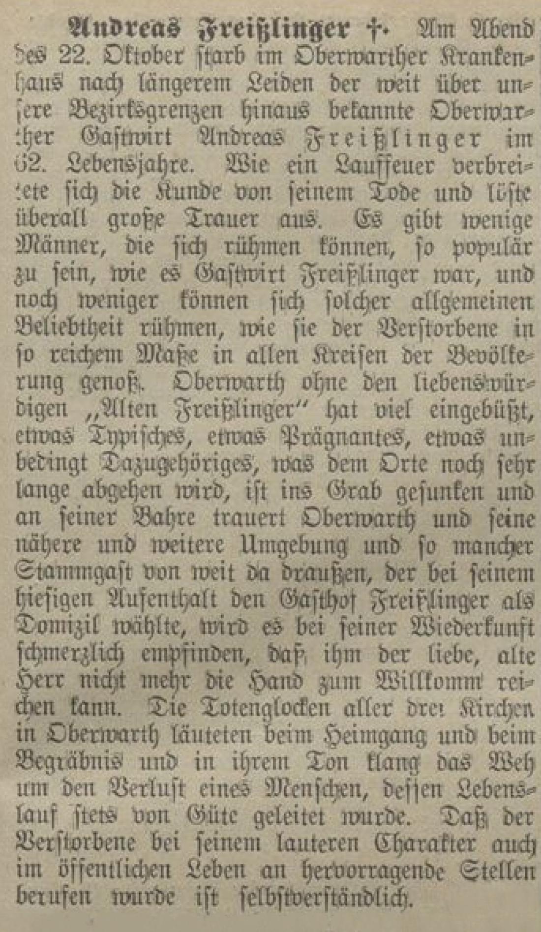 Nachruf für Gastwirt Andreas Freißlinger (*Oberwarth 1872/+ Oberwarth 1934) in der Oberwarther Sonntags = Zeitung vom 28. Oktober 1934 (Seite 5)