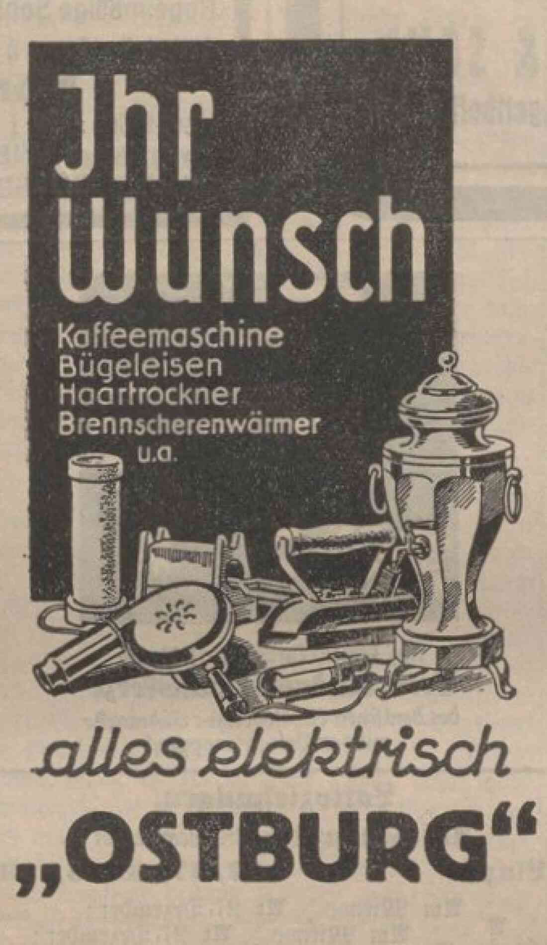Announce in der Oberwarther - Sonntagszeitung vom 6. Dezember 1936: Werbung der "Ostburg" anlässlich der Neueröffnung eines Geschaftslökals