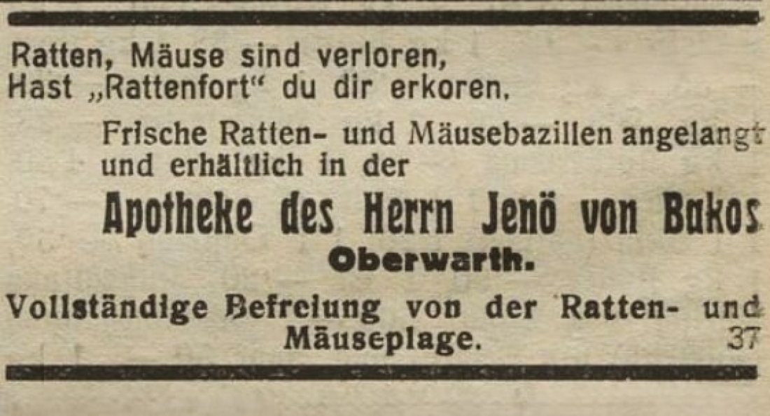 Inserat  in der Oberwarther = Sonntagszeitung vom 22. Jänner 1928 "Apotheke des "Jenö" Eugen Bakos" - OW 636 / Wienerstraße 12)