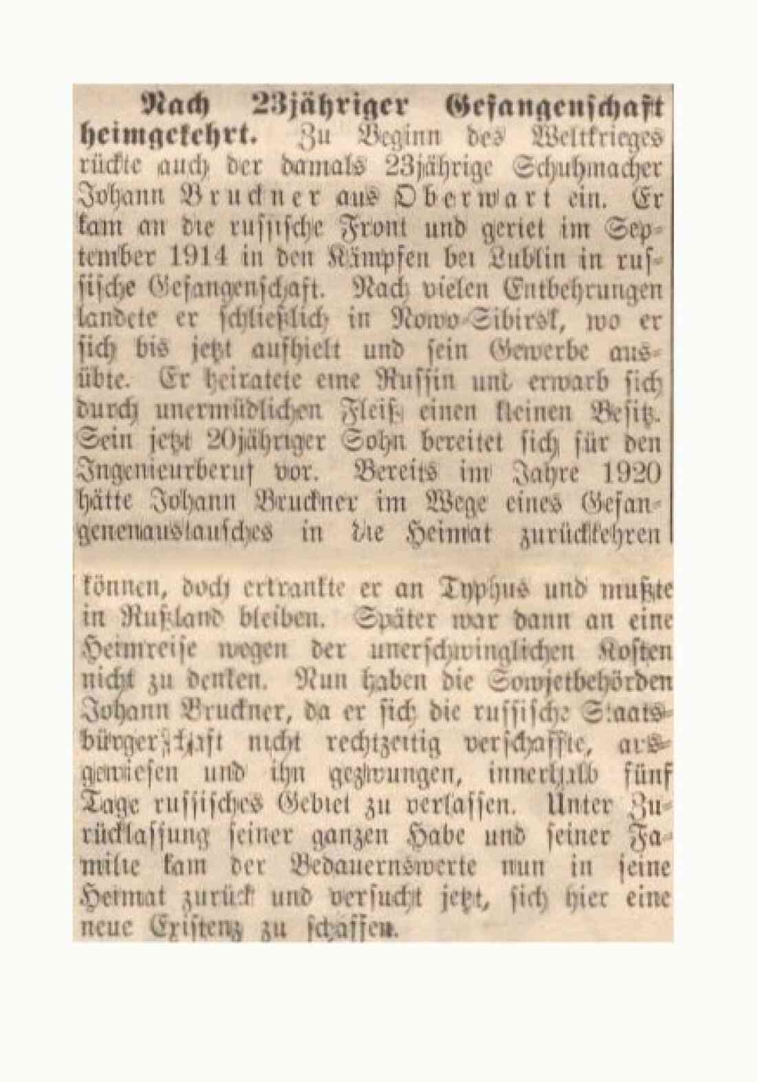 Artikel in der Oberwarther Sonntags-Zeitung/später OZ vom 14. 11. 1937: Heimgekehr aus russ. Gefangenschaft von J. Bruckner nach 23 J.