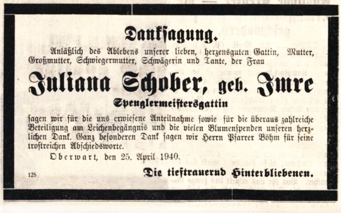Danksagung anlässlich des Ablebens von Juliana Schober (geb. Imre, *1880/+1940) in der Oberwarther Sonntags = Zeitung vom 28. April 1940