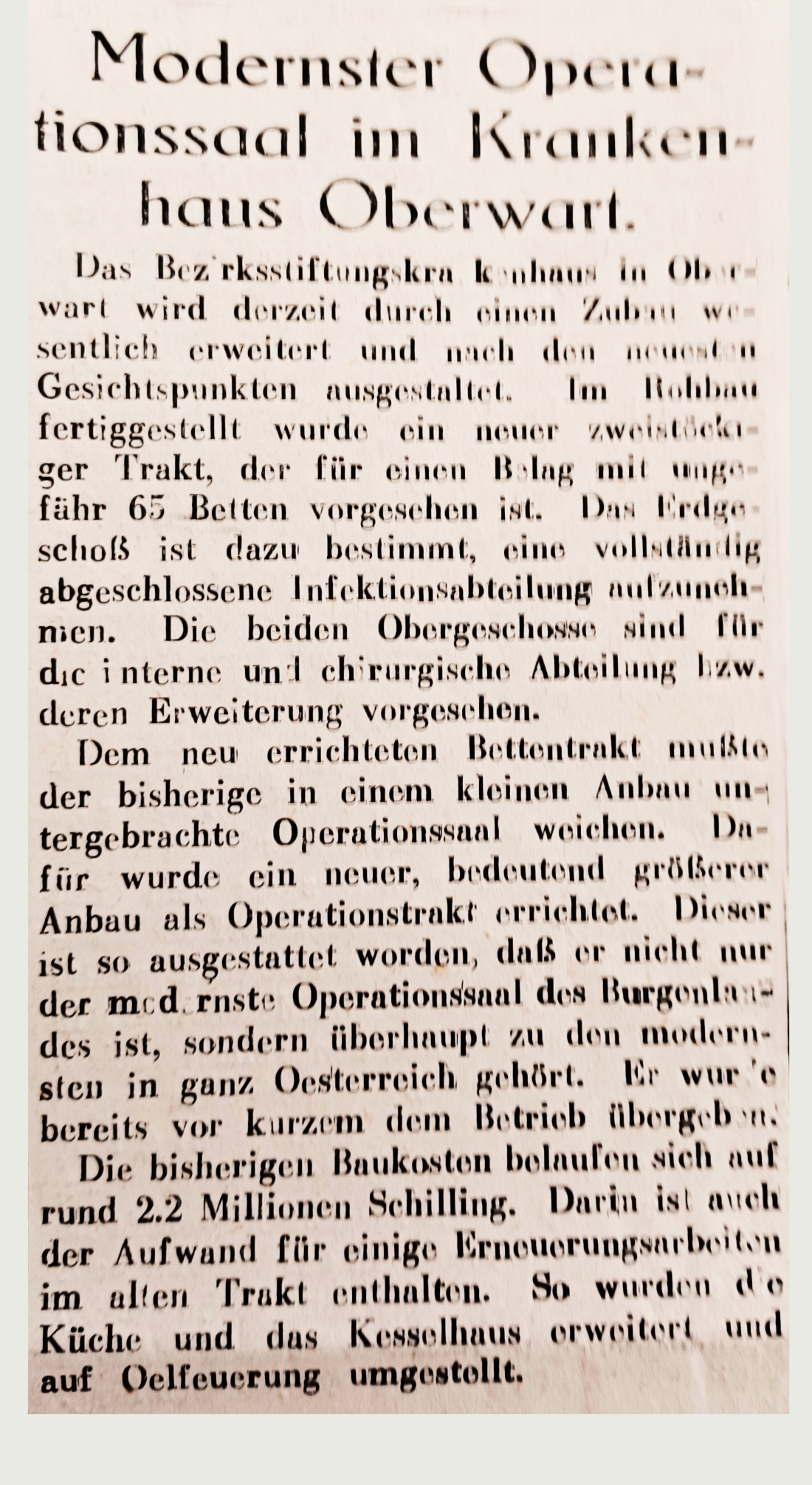 Bericht "Modernster Operationssaal im Krankenhaus Oberwart" in der Oberwarter Zeitung vom 25. August 1953