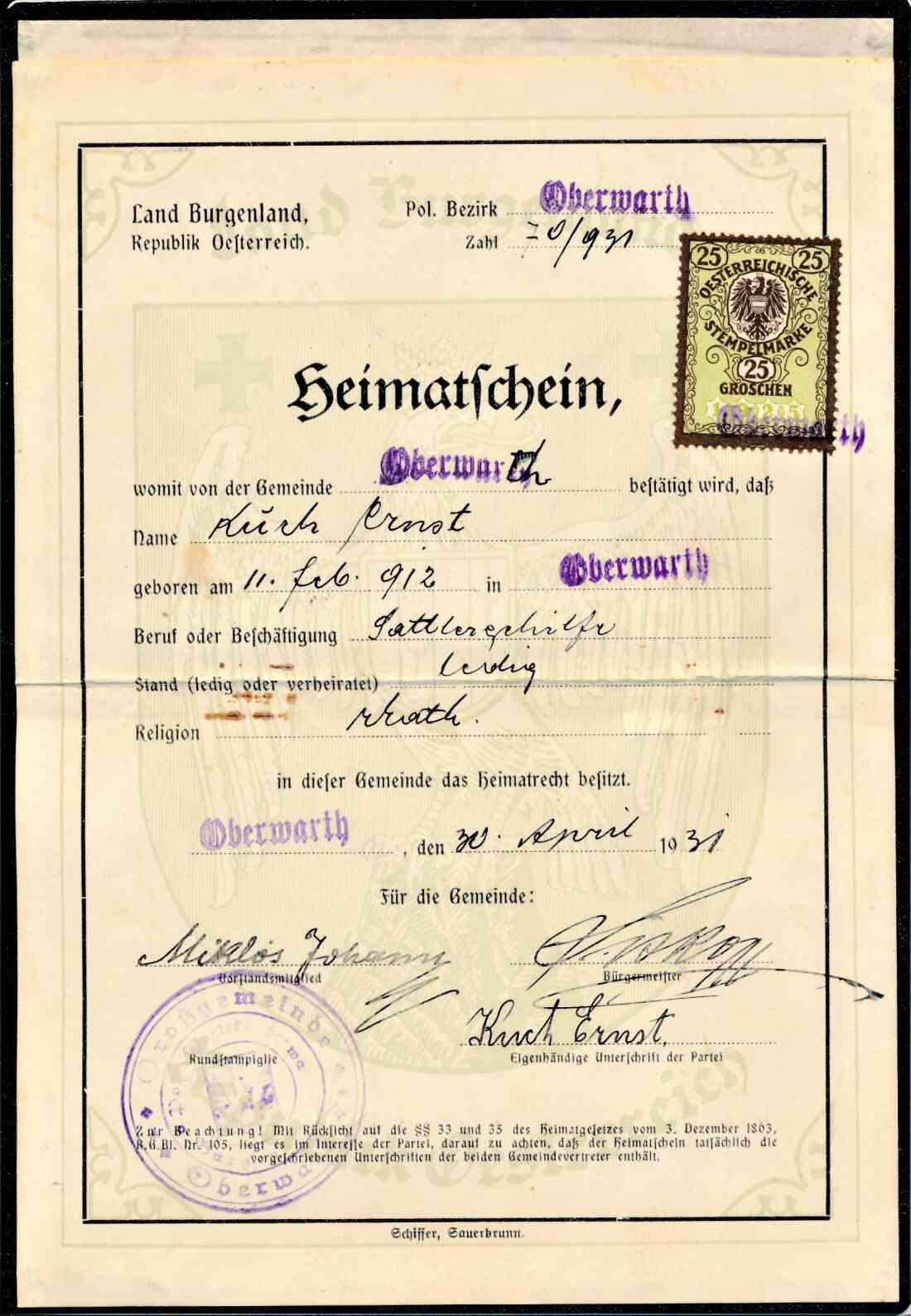 Heimatschein des Ernst Kuch (*1912 / +1989), Sattlergehilfe (Steinamangererstraße 62)