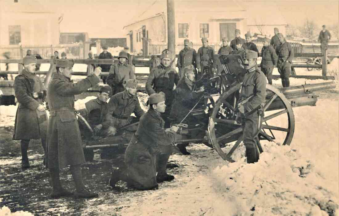 Österreichischen Truppen beenden die Episode des "Freischärlerstaats" Leithabanat (Lajtabánság ung. oder Leitha-Banschaft): Soldaten mit Geschütz im Bereich Linke Bachgasse 56a und 58