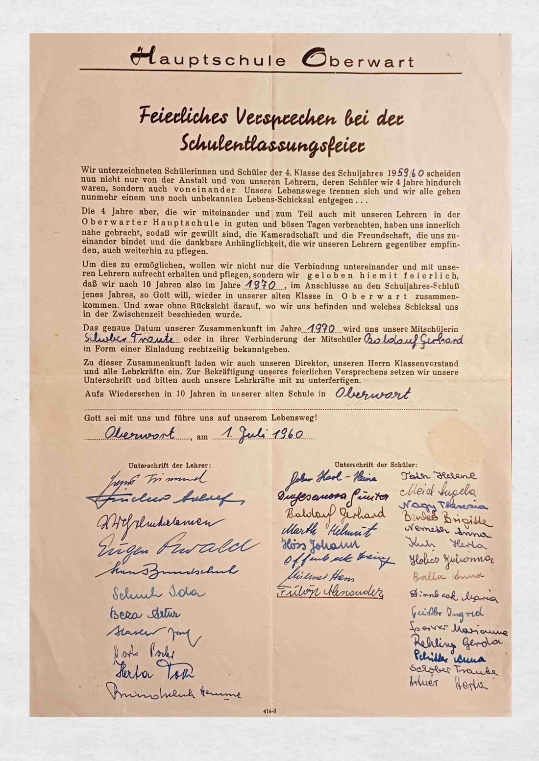 Hauptschule: "Feierliches Versprechen bei der Schulentlassungsfeier" der Abschlussklasse 1959/1960
