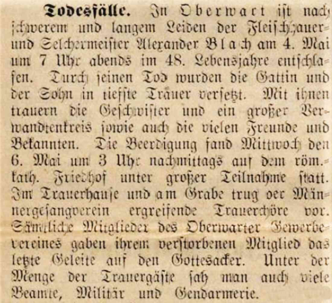 Artikel in der Oberwarther Sonntags-Zeitung vom 10. Mai 1936 zum Tod von Fleischhauermeister Alexander Blach (*1888/+1936)