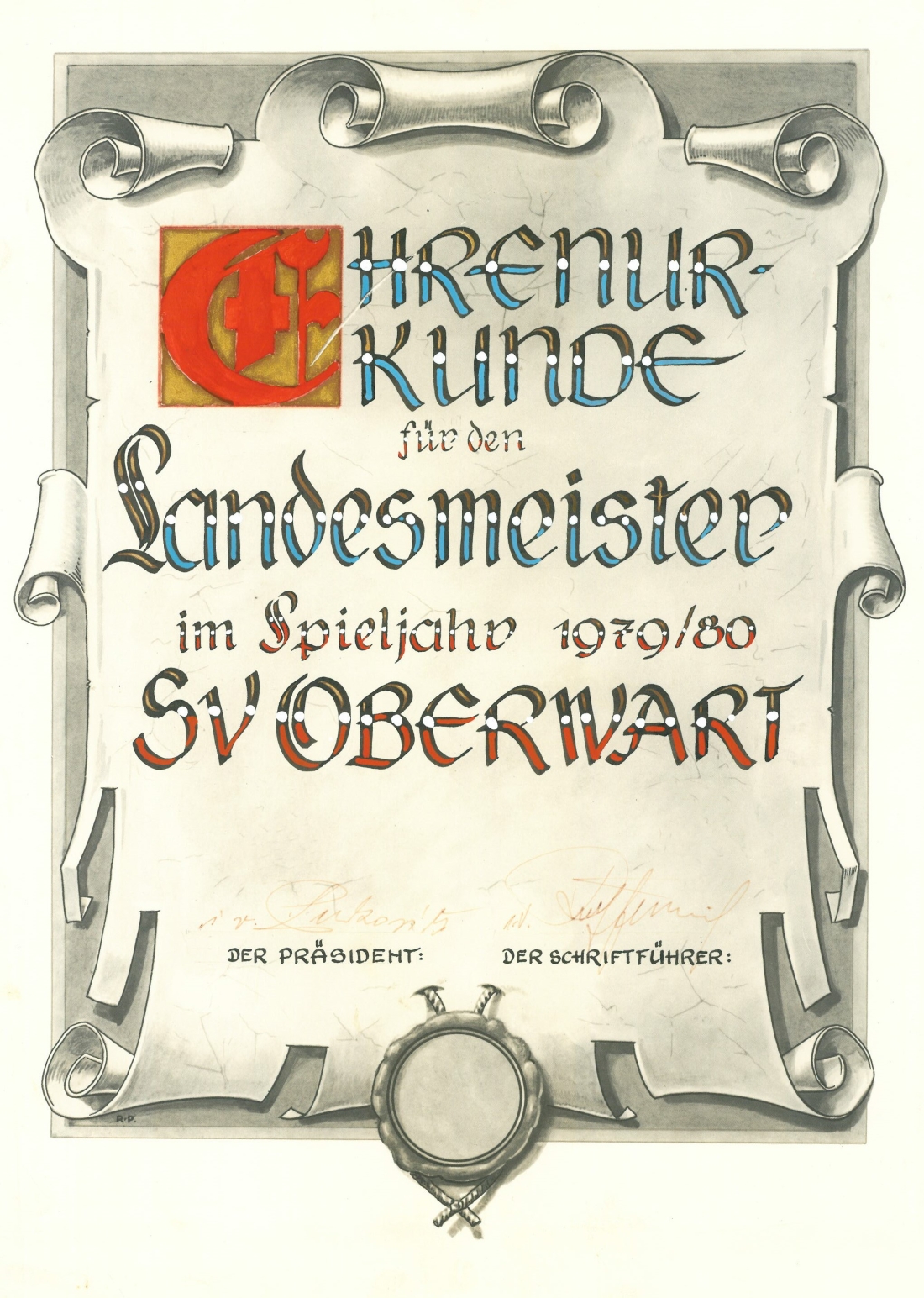 Fußball - SV Oberwart: Urkunde über den Landesmeistertitel 1979/1980 der Kampfmannschaft