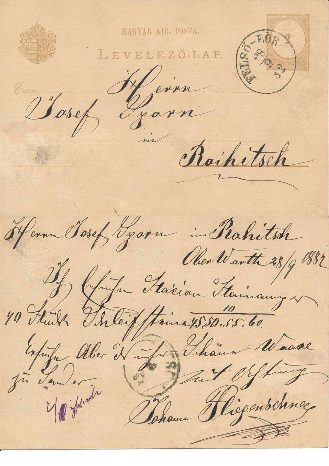 Bestellkarte der Fa. Johann Fliegenschnee - Eisenwarenhandlung