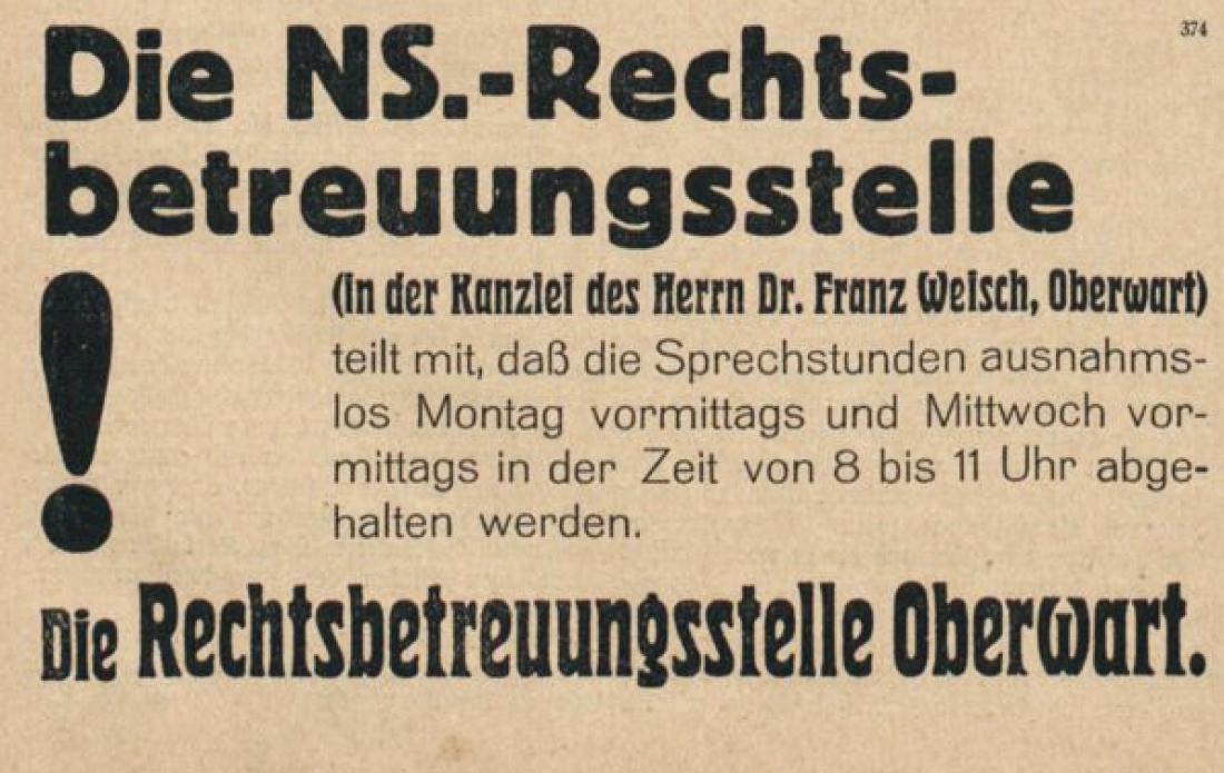 Einschaltung in der Oberwarther Sonntags = Zeitung vom 13. November 1938: NS-Rechtsbetreuungsstelle bei Dr. Franz Weisch (Nationalsozialist - NAZI)