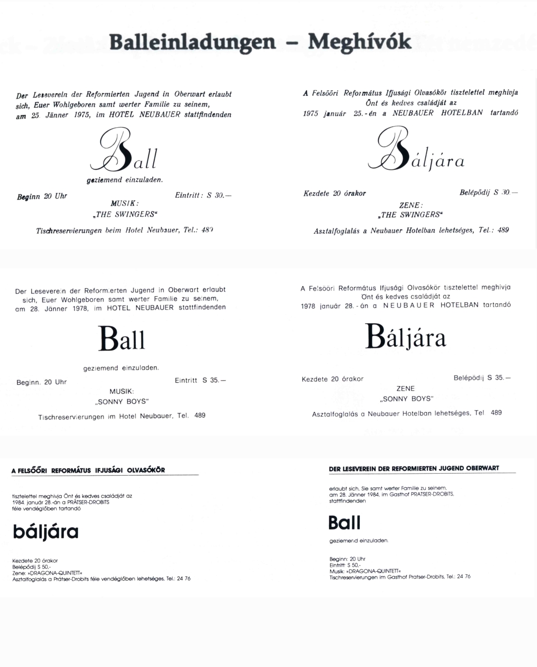 Leseverein der Reformierten Jugend: Balleinladungen 1975, 1978 und 1984