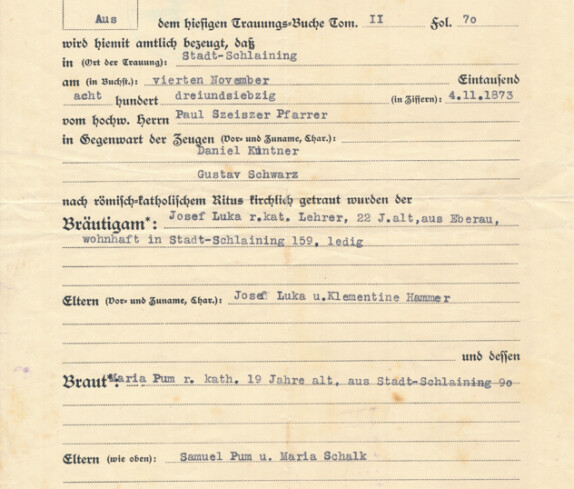 Jozsef Luka (röm. kath. Lehrer, *1851/+1917): Abschrift des Trauungsscheines zum Zwecke des Ariernachweises