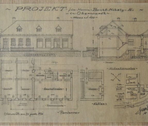 Plan zum Kauf- und Wohnhaus Michael Benkö (Linke Bachgasse 30 - Ecke Mondgasse) von Baumeister Michael Gaál - Kaufhaus Fülöp