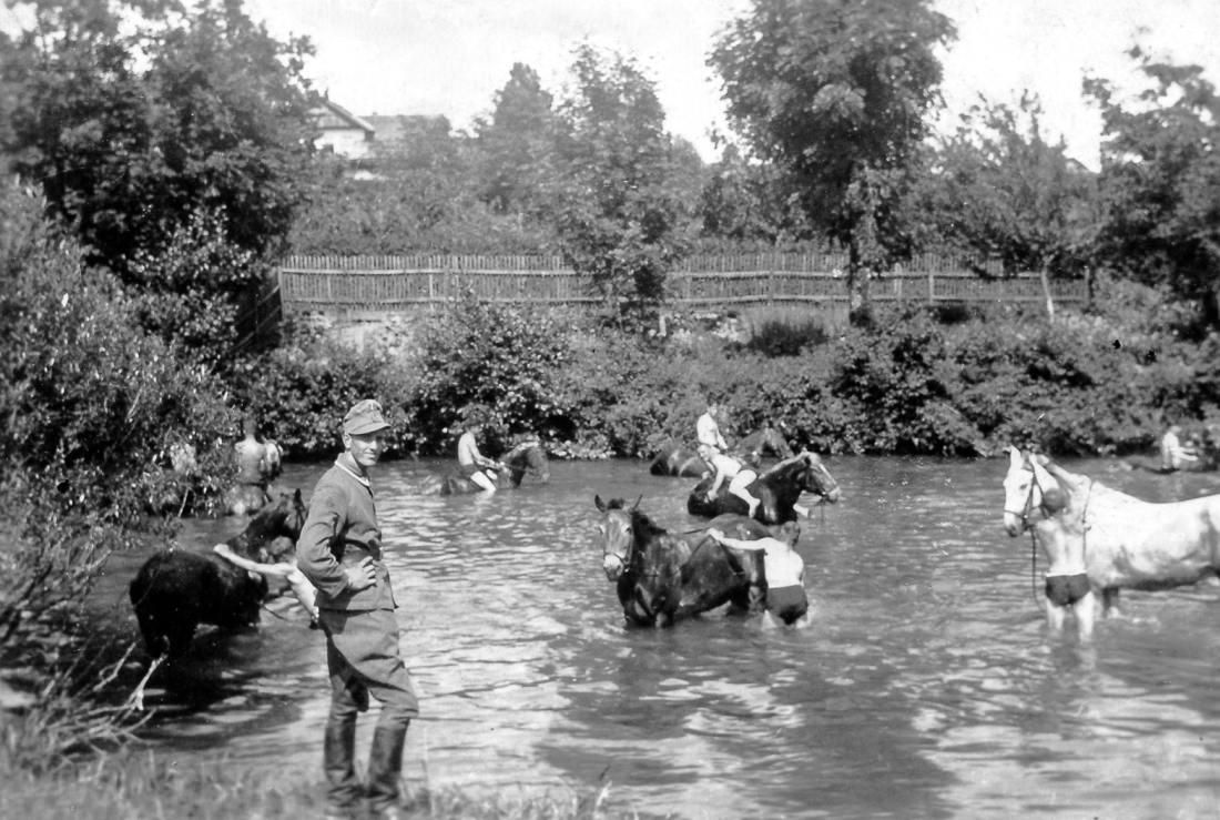 Soldaten der Deut. Wehrmacht bei der Pferdepflege im Bereich "Fuith-Gat" (Fuith-Wehr)