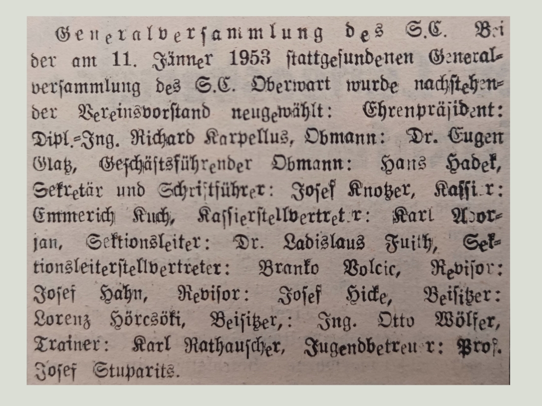 Fußball: Bericht über die Generalsversammlung des SCO in der Oberwarter Zeitung vom 18. Jänner 1953