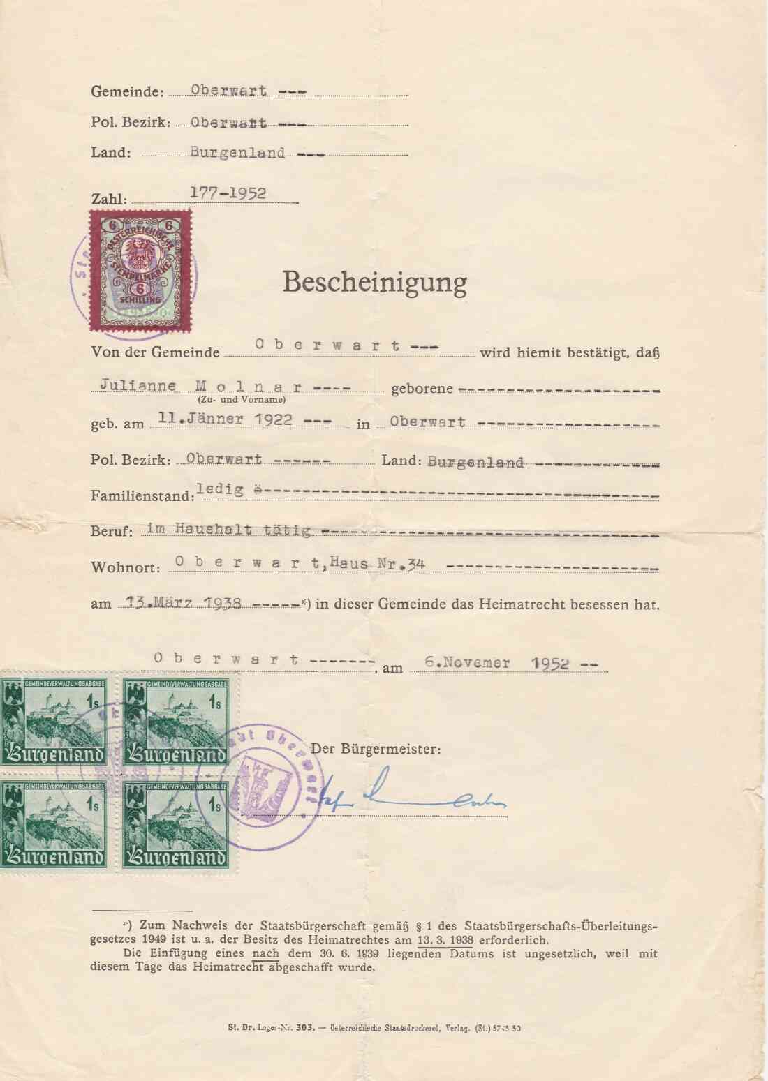 Bescheinigung über das Heimatrecht von Fr. Julianne Molnar Oberwart Nr. 34 (Platanengasse 5)